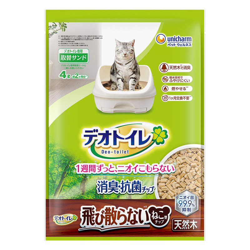 デオトイレ 消臭・抗菌チップ天然木 飛び散らないねこ型チップ 4L