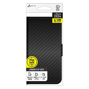 iPhone16 MagSafe充電対応 カーボン調 手帳型ケース ブラック AC-P24-PB CB