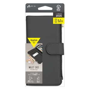 iPhone17 MagSafeアクセサリー対応 ファスナー付きウォレット手帳型ケース ブラック AC-P25-WL BK