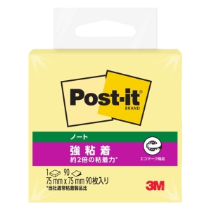 ポスト・イット 強粘着ノート 75×75mm 再生紙 イエロー 90枚