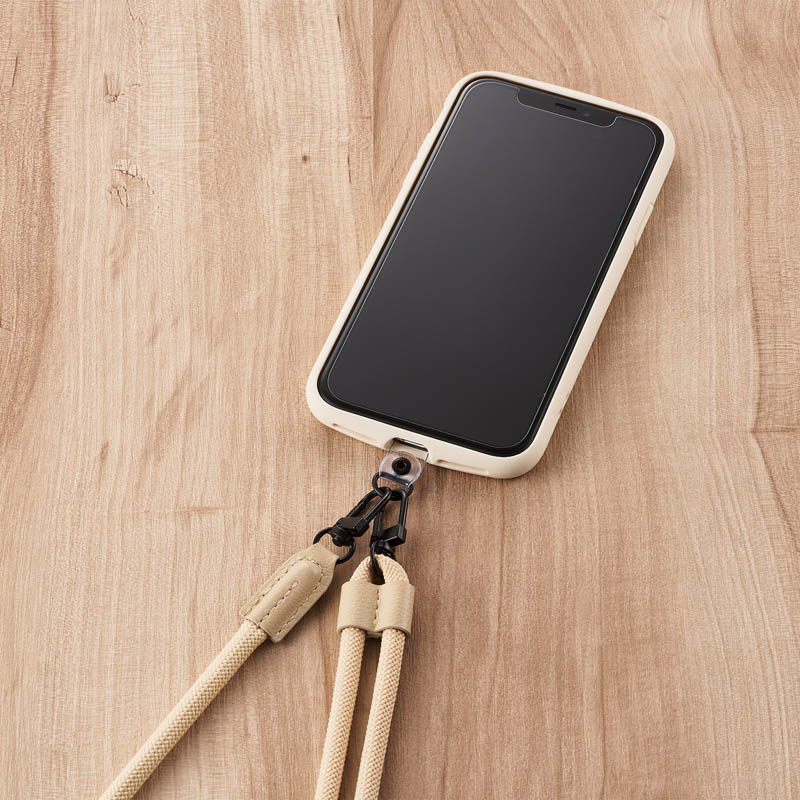 【お取り寄せ商品】スマホショルダーストラップ ストラップホールシート付属 (1口タイプ×1枚|2口タイプ×1枚) 丸紐タイプ 6mm ベージュ