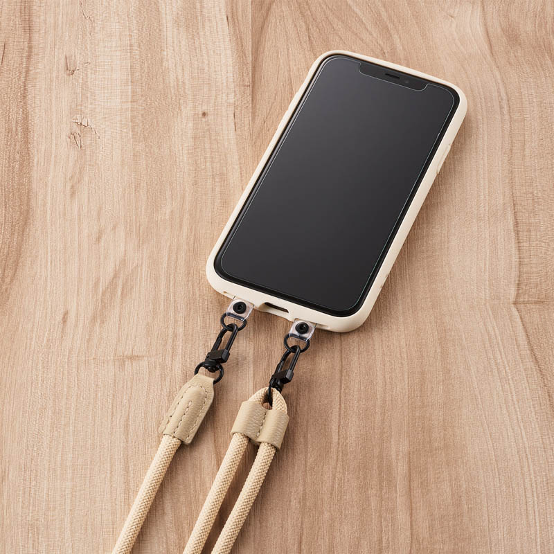 【お取り寄せ商品】スマホショルダーストラップ ストラップホールシート付属 (1口タイプ×1枚|2口タイプ×1枚) 丸紐タイプ 6mm ベージュ