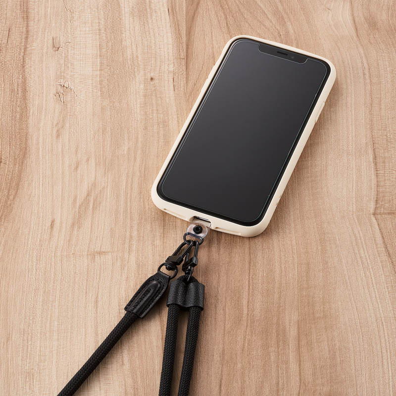 【お取り寄せ商品】スマホショルダーストラップ ストラップホールシート付属 (1口タイプ×1枚|2口タイプ×1枚) 丸紐タイプ 6mm ブラック