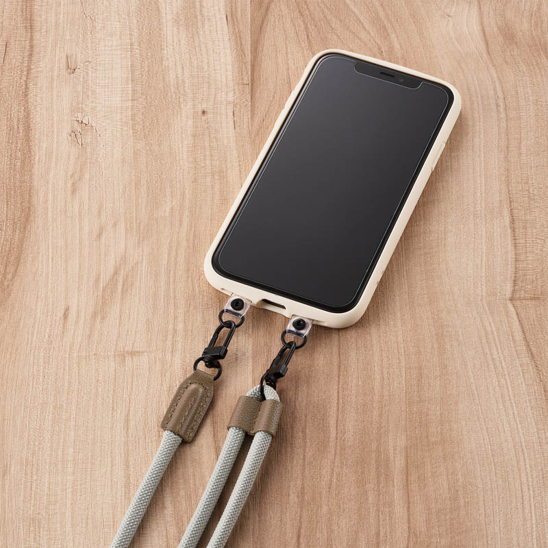 【お取り寄せ商品】スマホショルダーストラップ ストラップホールシート付属 (1口タイプ×1枚|2口タイプ×1枚) 丸紐タイプ 6mm ライトグレー
