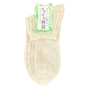 レディース ゆるフィール すずやか麻混 スパイラルショート丈ソックス ベージュ 22-24cm