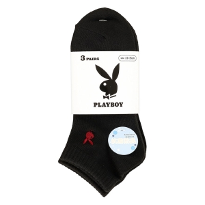 レディース PLAYBOY ロゴ刺繍スニーカー丈ソックス 黒 3足組 23-25cm