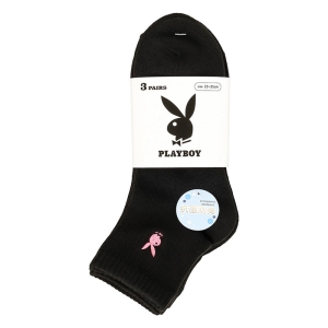 レディース PLAYBOY ロゴ刺繍ショート丈ソックス 黒 3足組 23-25cm