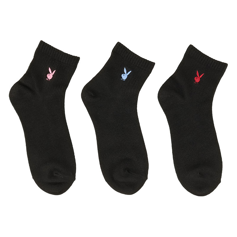 レディース PLAYBOY ロゴ刺繍ショート丈ソックス 黒 3足組 23-25cm