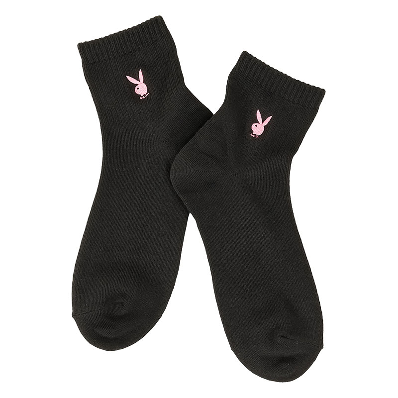レディース PLAYBOY ロゴ刺繍ショート丈ソックス 黒 3足組 23-25cm