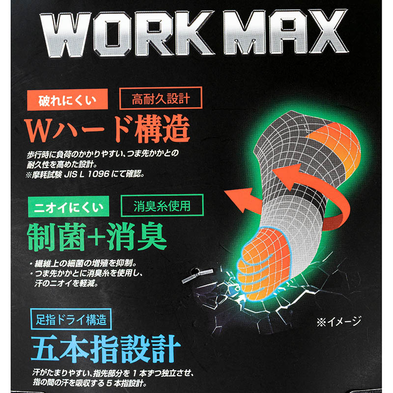 メンズ 10倍破れにくい WORK MAX 制菌消臭 5本指 スニーカー丈 ブラック系 3足組