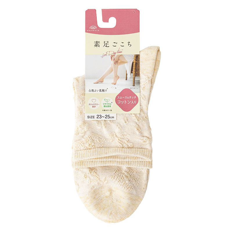 素肌ごこち レディース クルーソックス 花柄フロート ベージュ 23-25cm