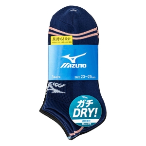 レディース ミズノ ガチDRY スニーカー丈 2本ライン入3色 23-25cm 3足組