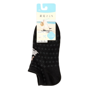 レディース 素足ごこち スニーカー丈 猫柄 メッシュ ブラック 23-25cm