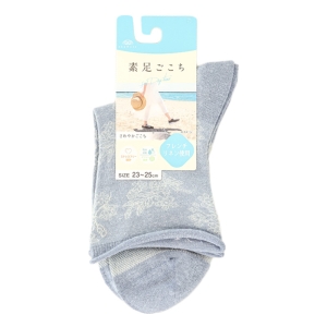 レディース 素足ごこち クルー丈 花柄 メッシュ サックス 23-25cm