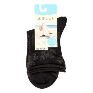 レディース 素足ごこち クルー丈 花柄 メッシュ ブラック 23-25cm