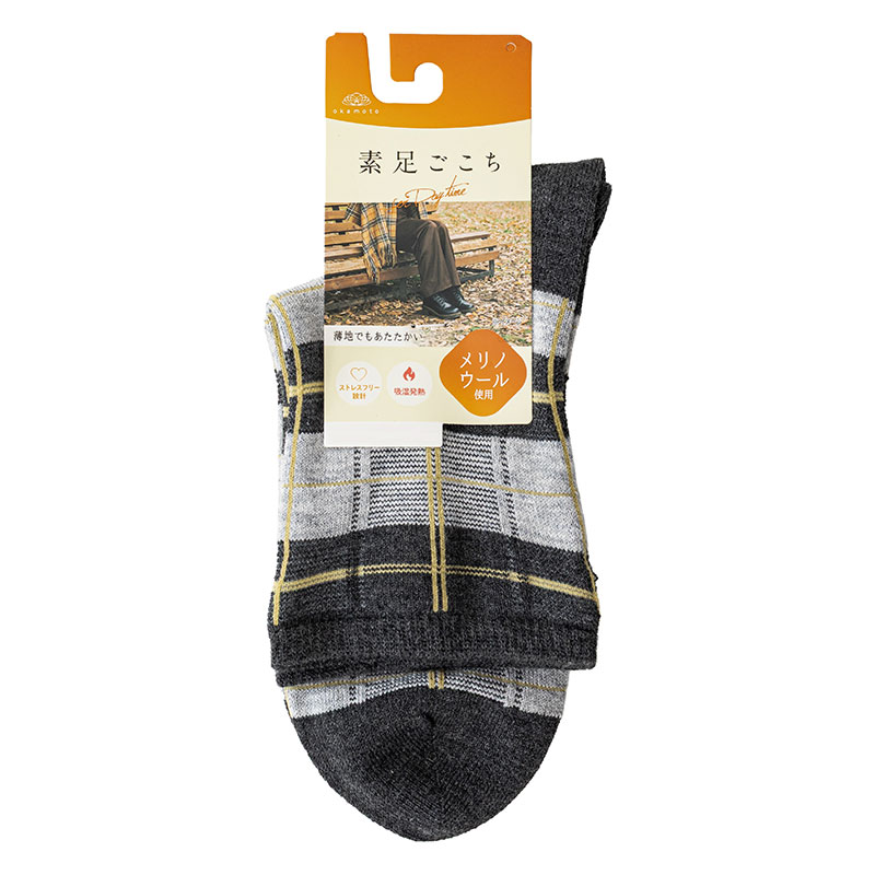 素足ごこち レディースソックス クルー丈 チェック柄 チャコール 23-25cm