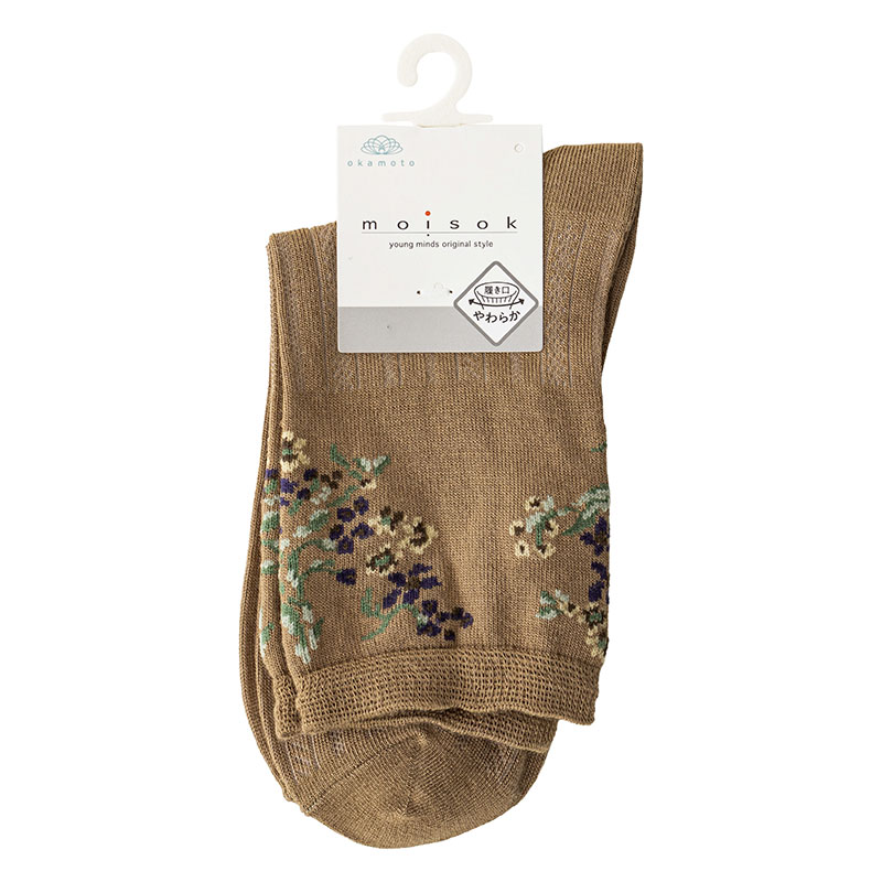 moisok レディースソックス 15cmクルー丈 レッグ花柄 ブラウン 22-25cm