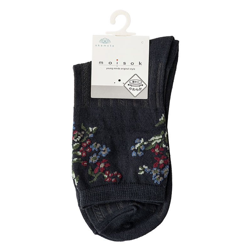 moisok レディースソックス 15cmクルー丈 レッグ花柄 チャコール 22-25cm