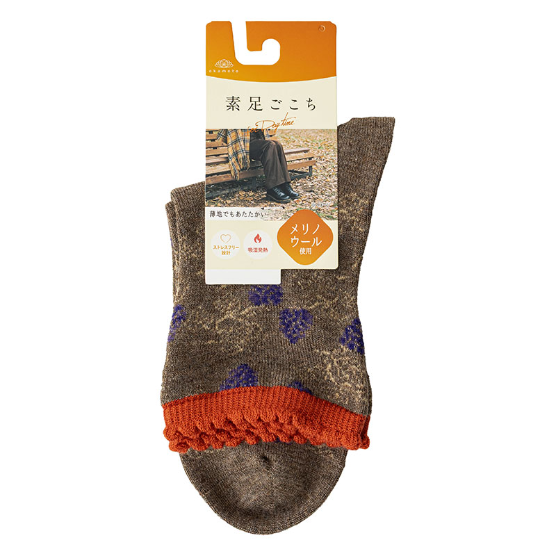 素足ごこち レディースソックス クルー丈 ぶどう柄 ブラウン 23-25cm