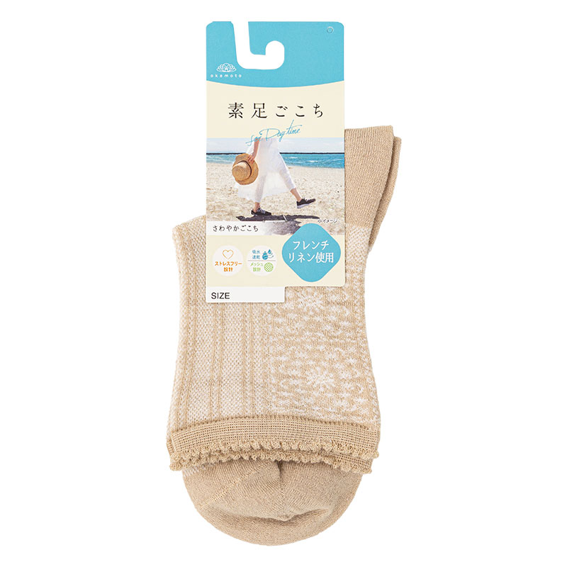 レディース 素足ごこち クルー丈ソックス バクレースメッシュ ベージュ 23-25cm