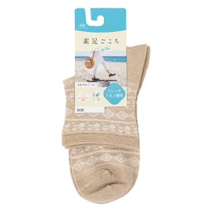 レディース 素足ごこち クルー丈ソックス レース柄メッシュ ベージュ 23-25cm