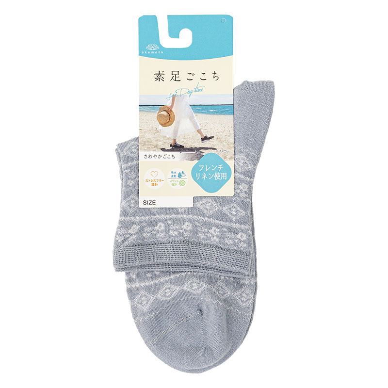 レディース 素足ごこち クルー丈ソックス レース柄メッシュ ライトグレー 23-25cm
