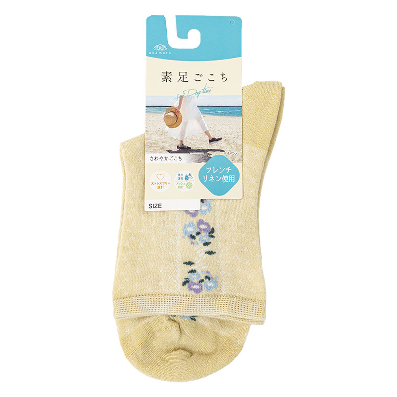 レディース 素足ごこち クルー丈ソックス サイド花柄メッシュ イエロー 23-25cm