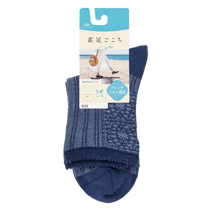 レディース 素足ごこち クルー丈ソックス バクレースメッシュ ネイビー 23-25cm