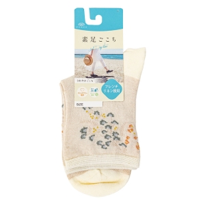 レディース 素足ごこち クルー丈ソックス 多種花柄メッシュ オフホワイト 23-25cm