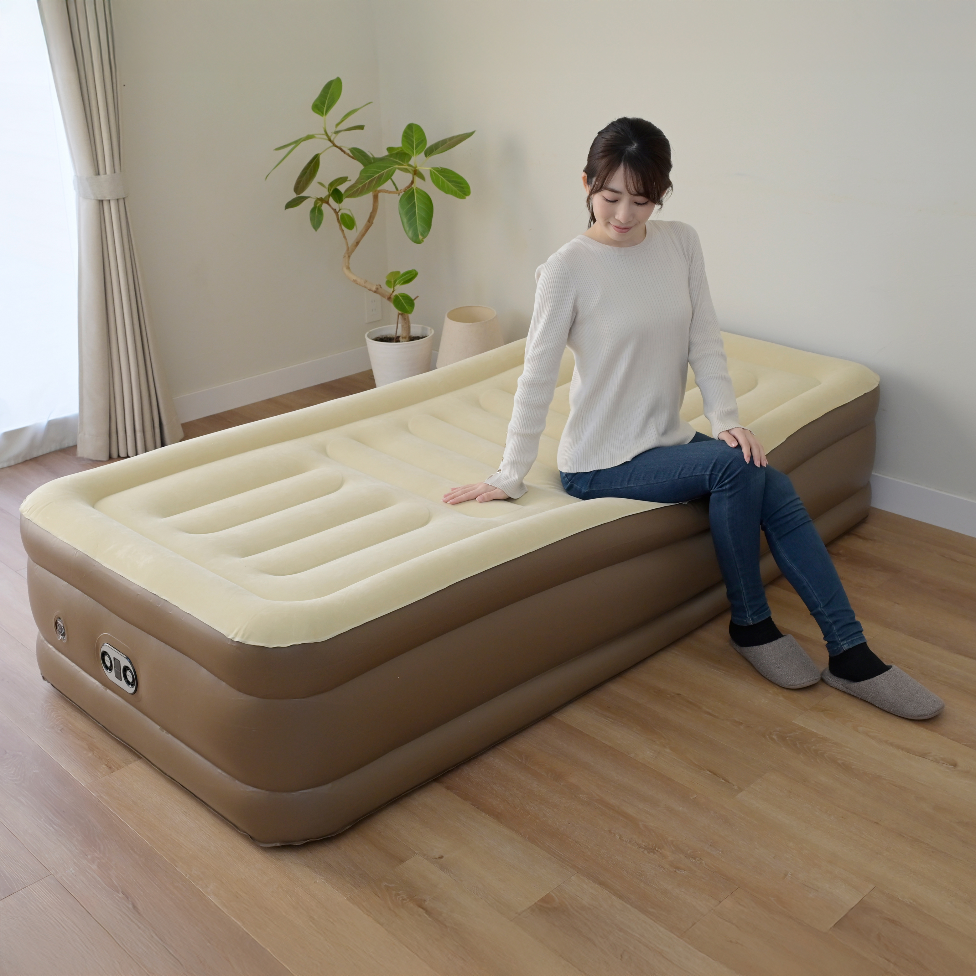 コードレスポンプ内蔵 電動エアベッド 極厚シングル CGAB-002(BE|BR)