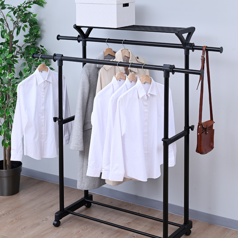 上棚付伸縮ハンガー ダブル マットブラック