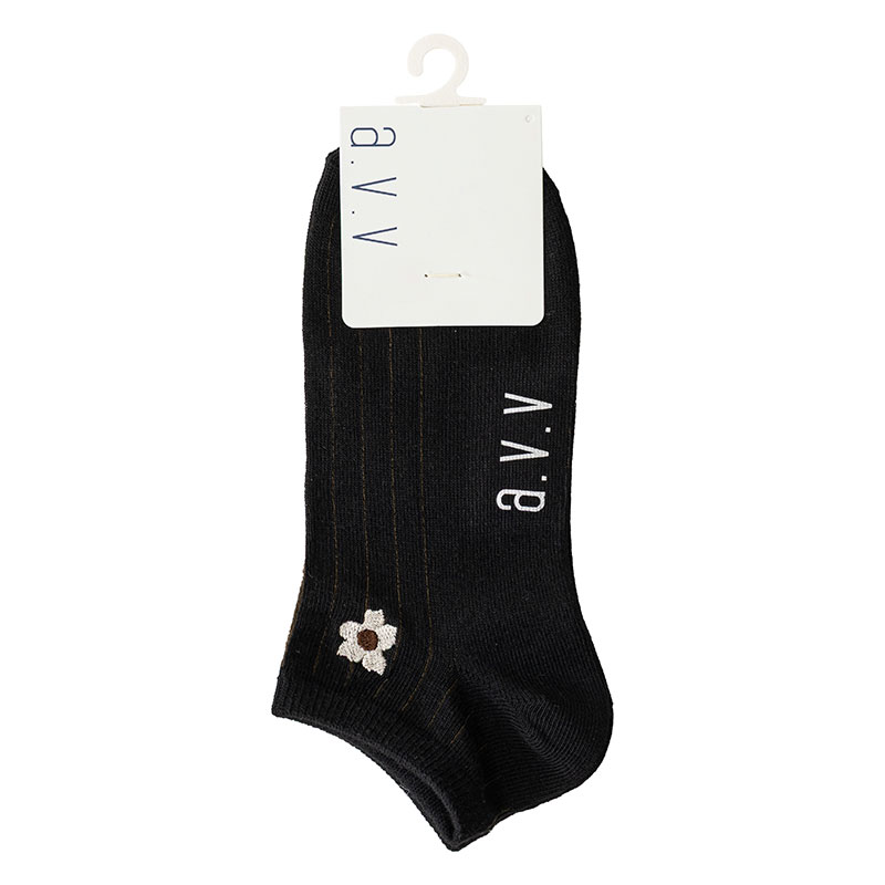 a.v.v レディース スニーカーソックス 花刺繍 黒 23-25cm