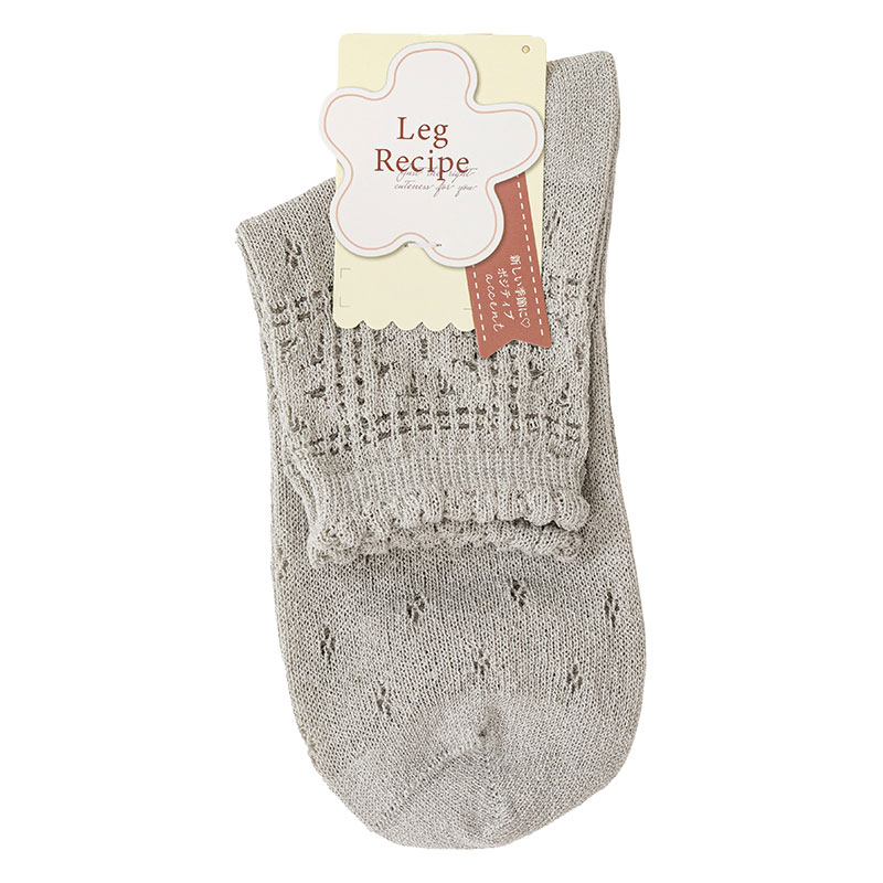 レディース LegRecipe クルー丈ソックス クロシェ調 ライトグレー 23-25cm