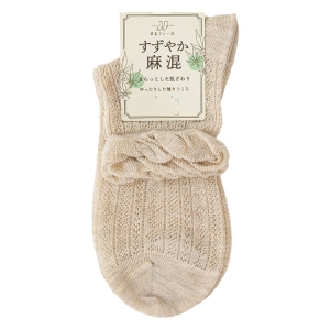 レディース ゆるフィール ショート丈ソックス すずやか麻混透かし ベージュ 22-24cm
