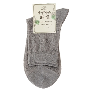 レディース ゆるフィール クルー丈ソックス すずやか麻混透かし ライトグレー 22-24cm