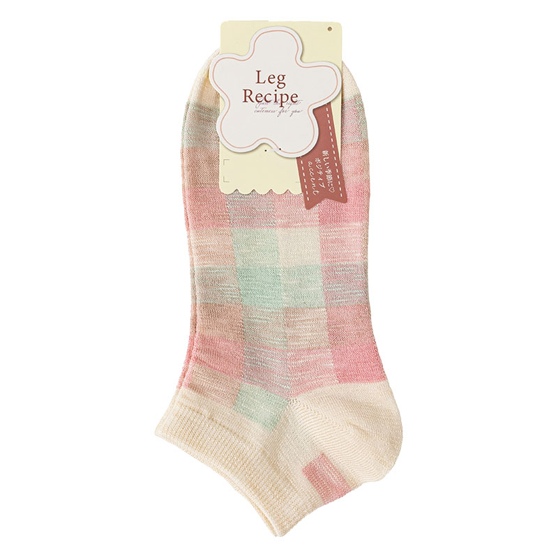 レディース LegRecipe スニーカー丈ソックス チェック ピンク 23-25cm
