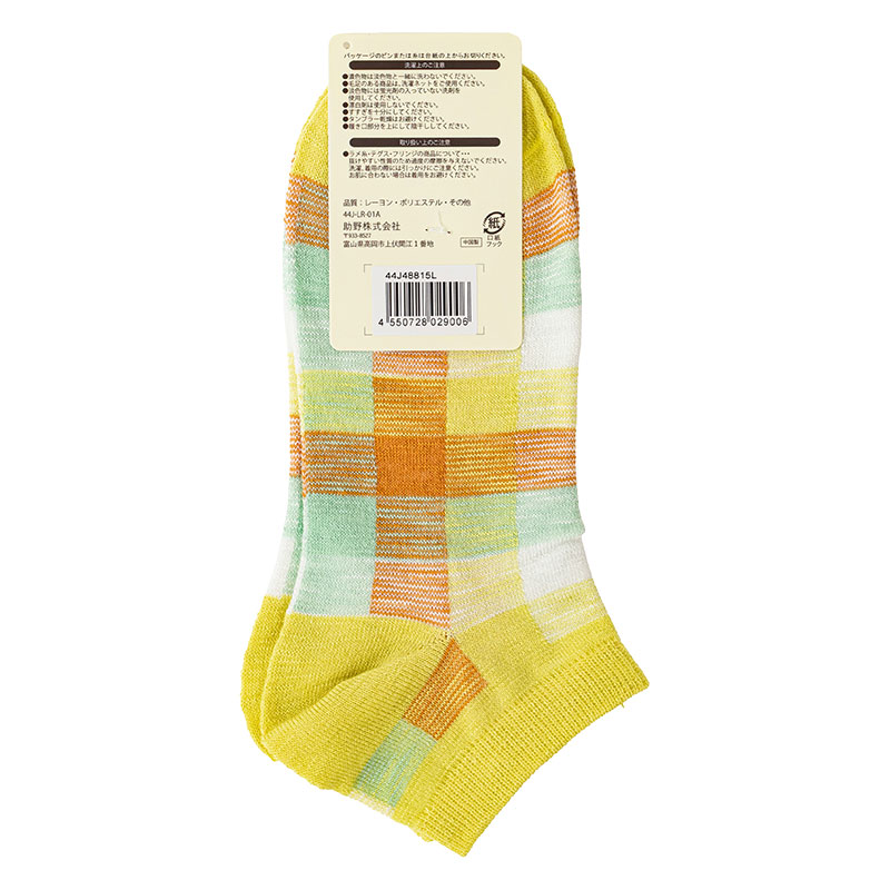 レディース LegRecipe スニーカー丈ソックス チェック イエロー 23-25cm