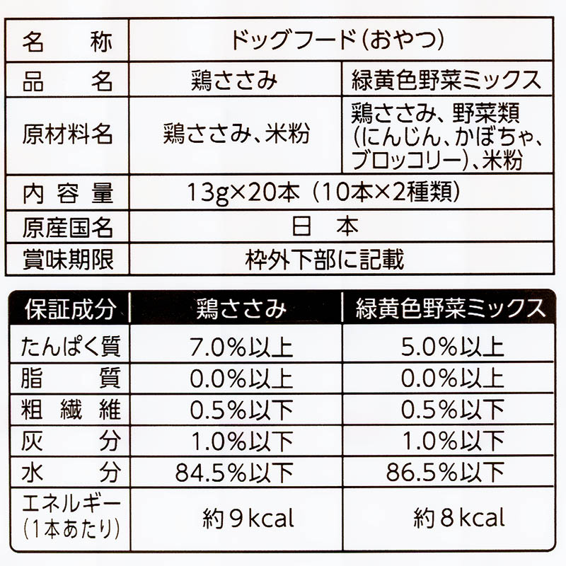 全犬種用鶏ささみ&緑黄色野菜ピューレ 13g×20本