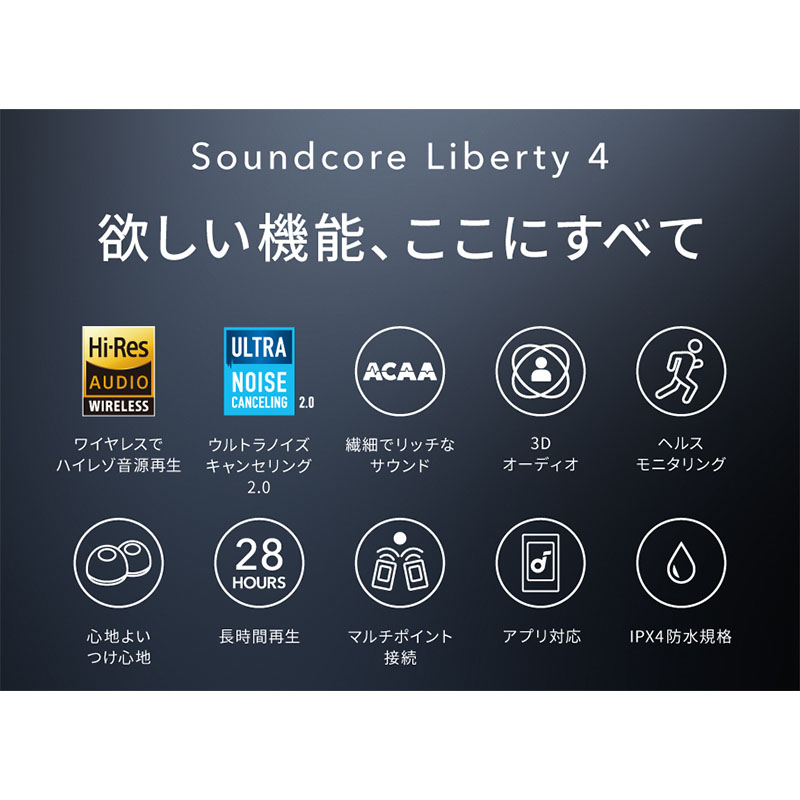 Soundcore Liberty 4 ノイズキャンセリング完全ワイヤレスイヤホン A3953N31 スカイブルー