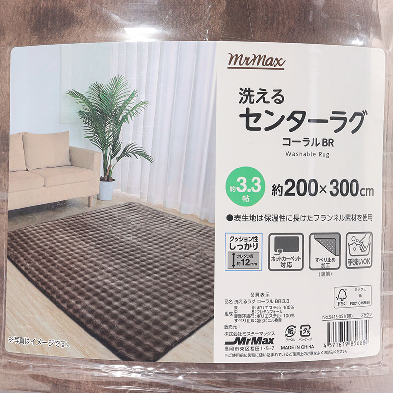 洗える センターラグ コーラル 約3.3帖(200×300cm)ブラウン