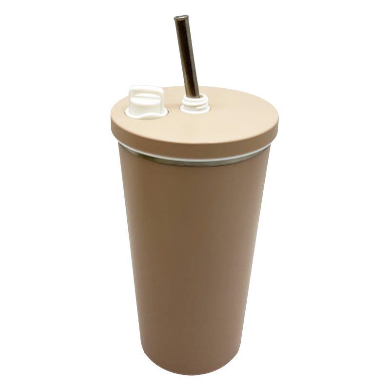 ストロー付き ステンレスタンブラー ベージュ 0.55L 保冷&保温