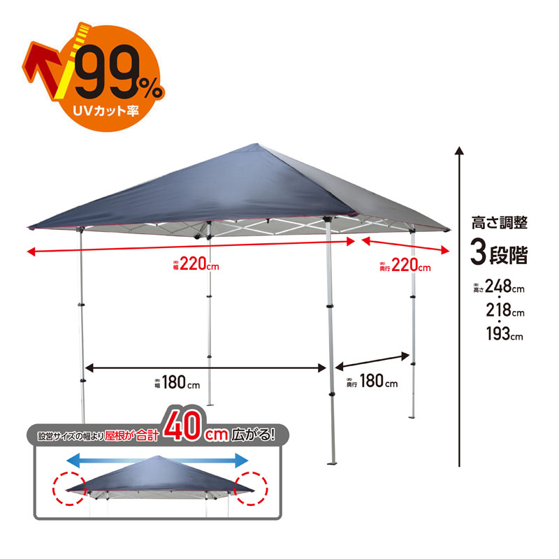大きく広がる らくらく軽量アウトドアタープ 180cm シルバー×ネイビー ...