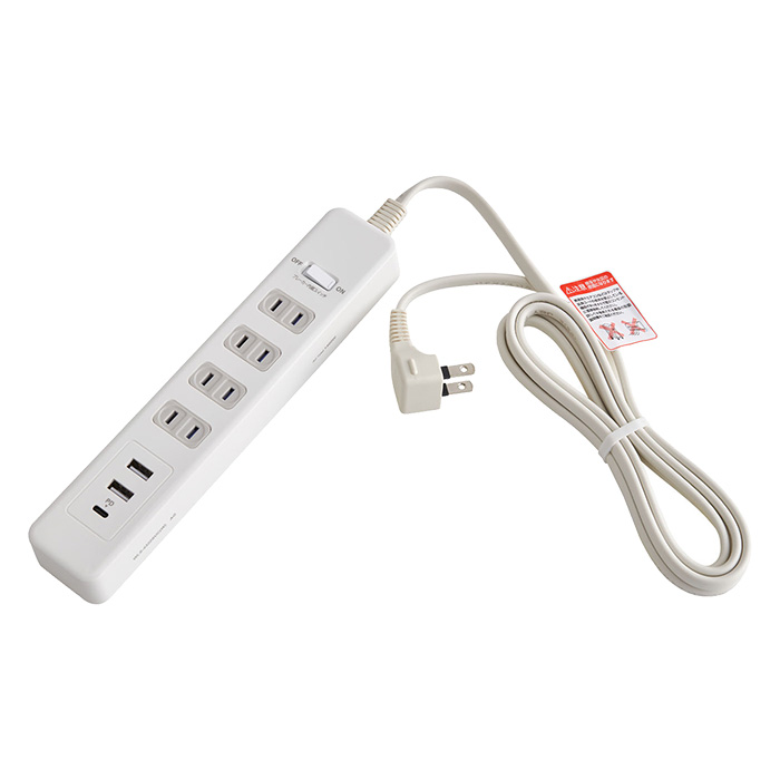 耐雷4個口電源タップ 2USB 1PDポート付 2m