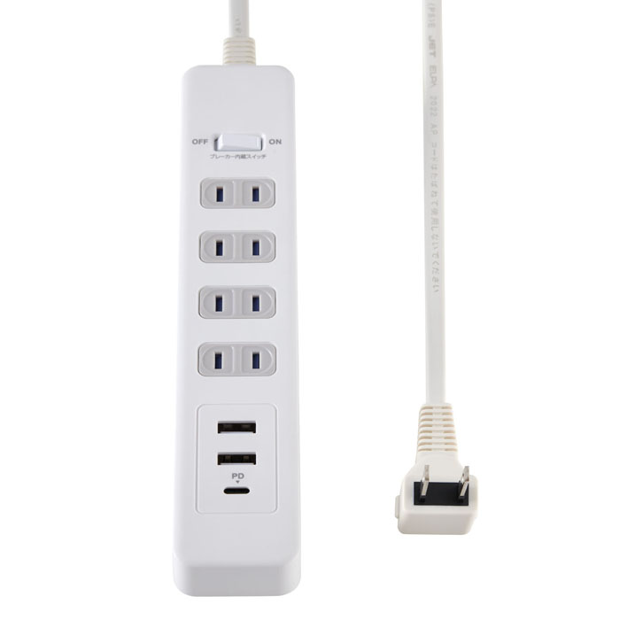 耐雷4個口電源タップ 2USB 1PDポート付 2m