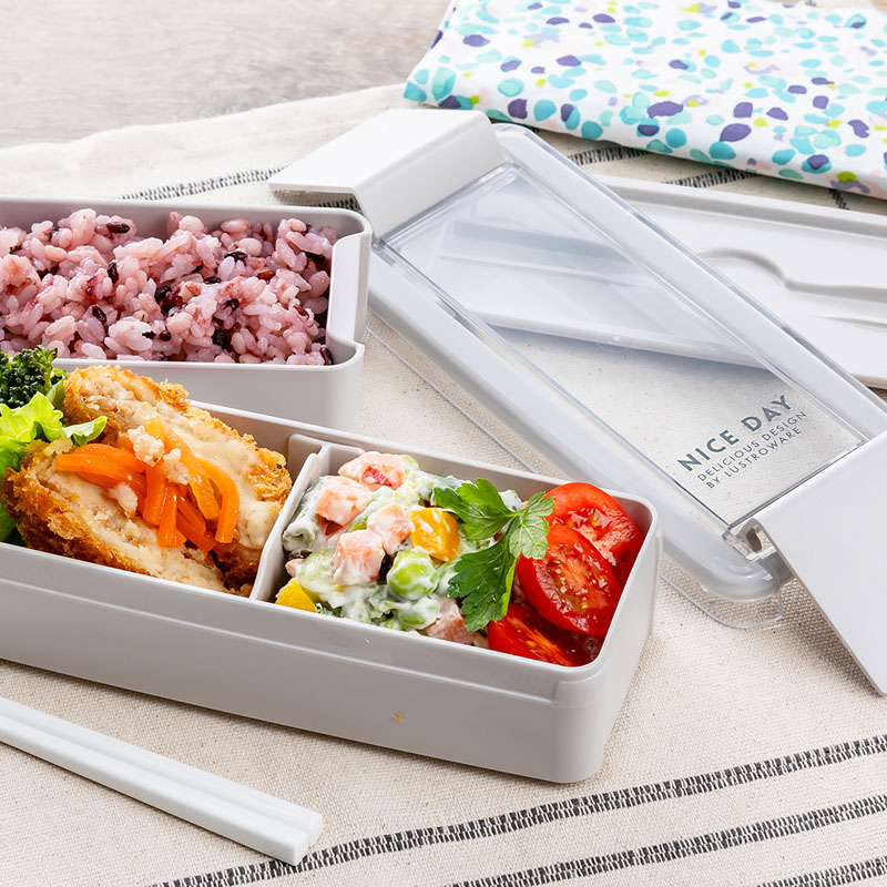 イージーケアランチボックス 2段 680ml グレージュ 15cm箸付