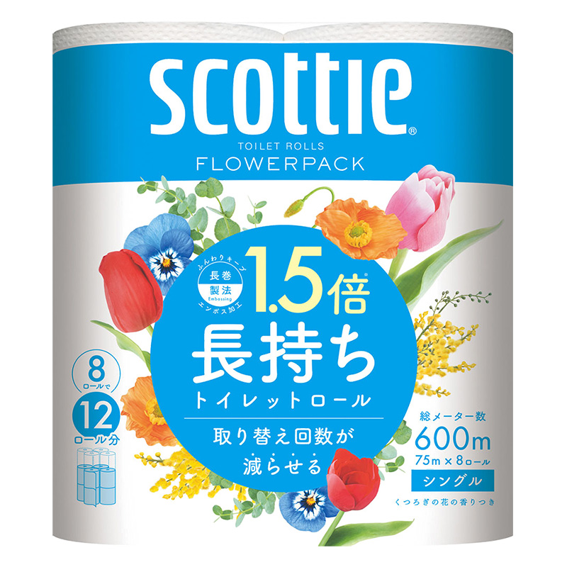 スコッティフラワーパック 1.5倍長持ち 8ロール(シングル) くつろぎの花の香り