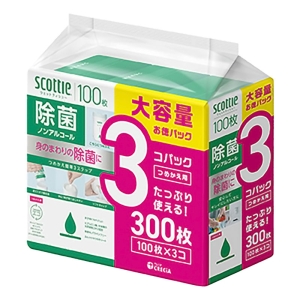 スコッティ ウェットティシュー 除菌ノンアルコール 詰替 100枚×3個パック