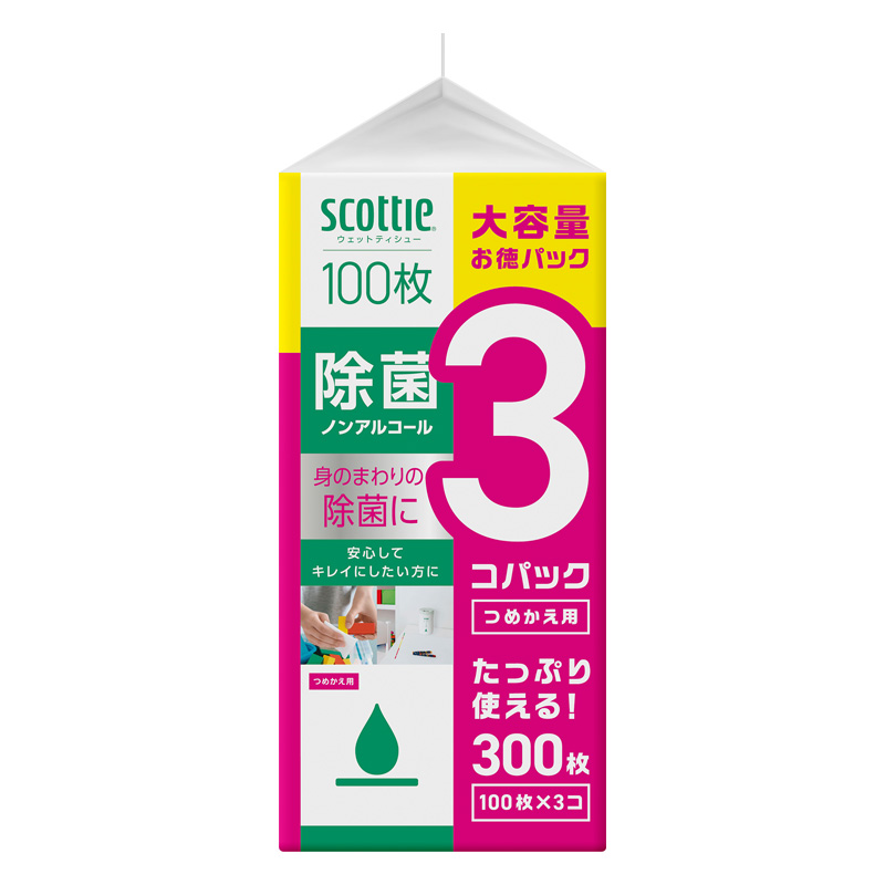 スコッティ ウェットティシュー 除菌ノンアルコール 詰替 100枚×3個パック