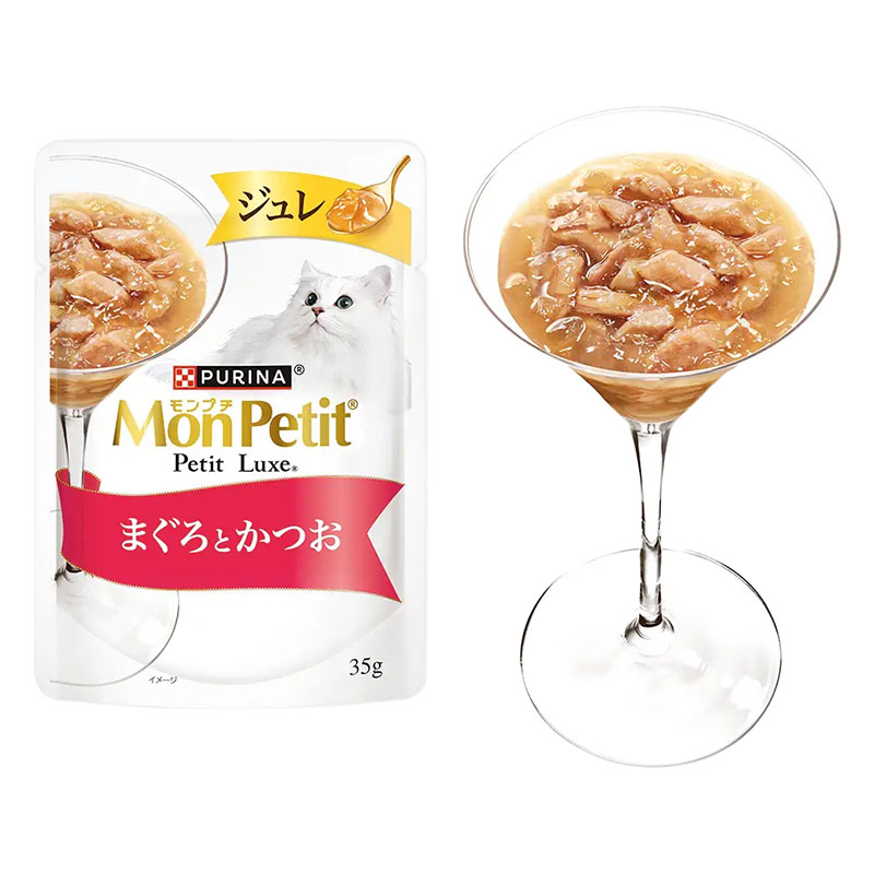モンプチ プチリュクスパウチ ジュレ 2種のアソート 8P まぐろとかつお&まぐろとかつおのささみ添え