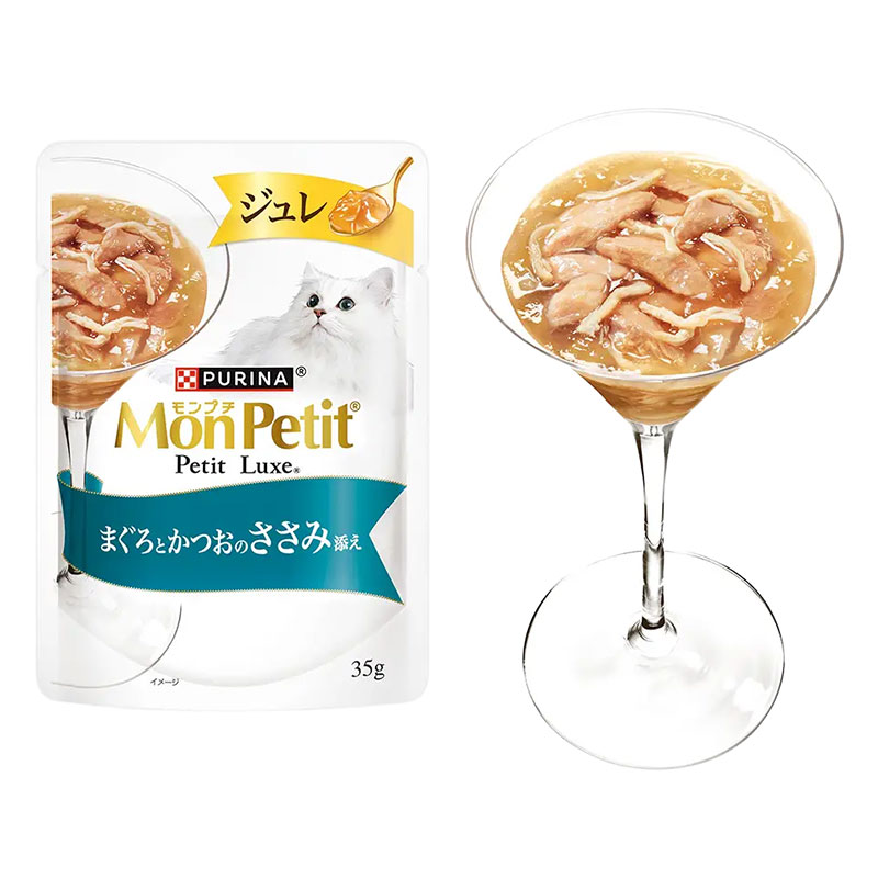 モンプチ プチリュクスパウチ ジュレ 2種のアソート 8P まぐろとかつお&まぐろとかつおのささみ添え